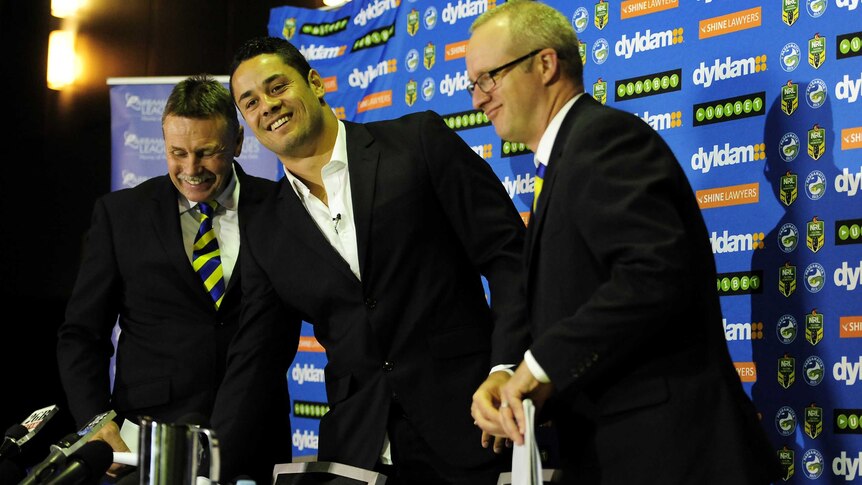 Jarryd Hayne smiles at press conference after leaving NRL