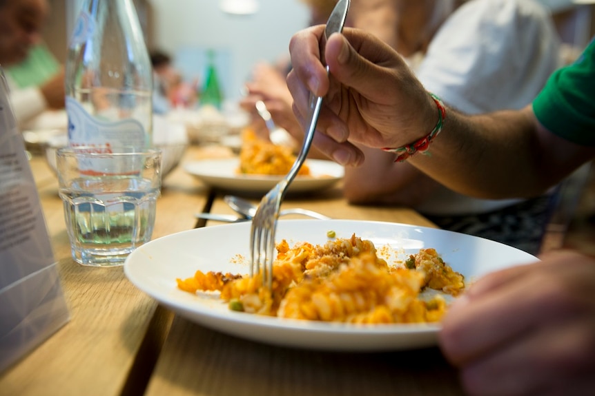A bowl of pasta served at the Refettorio Ambrosiano project kitchen.