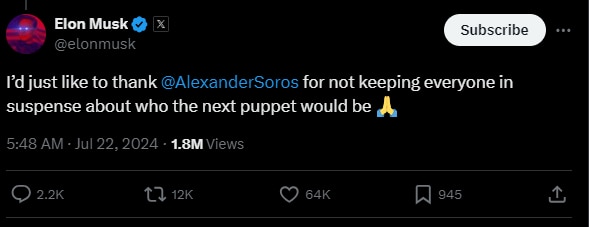 @ElonMusk: "I’d just like to thank @AlexanderSoros for not keeping everyone in suspense about who the next puppet would be."