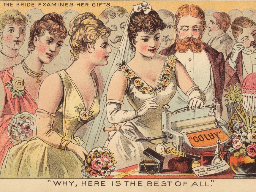 An illustration of a woman examining a sewing machine, with 'the bride examines her gifts' written above.