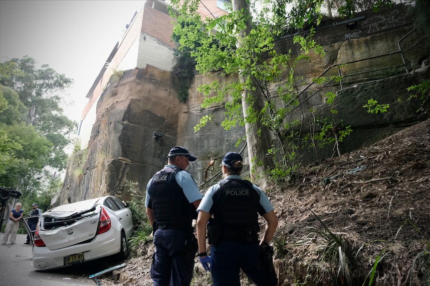 A car at the bottom of a steep set of stairs and a cliff face with police and bystanders looking on