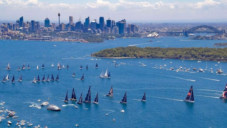 Start of the 2018 Sydney to Hobart race, aerial photo.