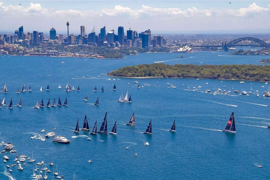 Start of the 2018 Sydney to Hobart race, aerial photo.
