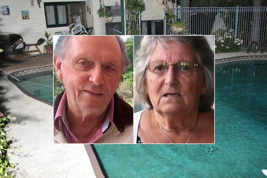 A backyard pool and inset headshots of an elderly man and woman.