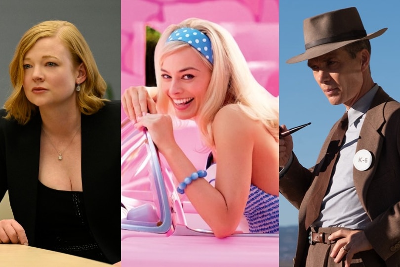 A composite image of Sarah Snook in Succession, Margot Robbie as Barbie and Cillian Murphy in Oppenheimer.