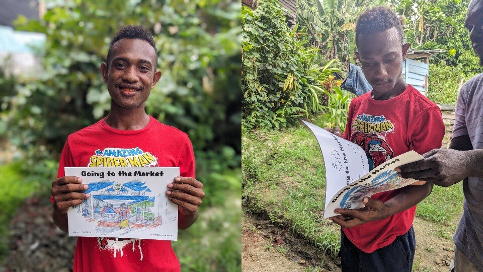 Spliced image of man wearing red tee holding a book titled 'Going to the market'