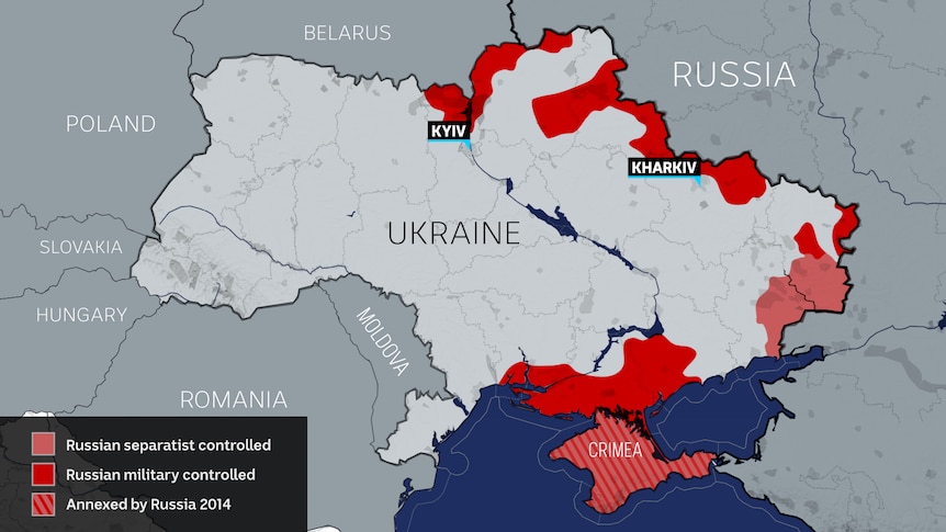 A map of Ukraine with shaded areas on the edges