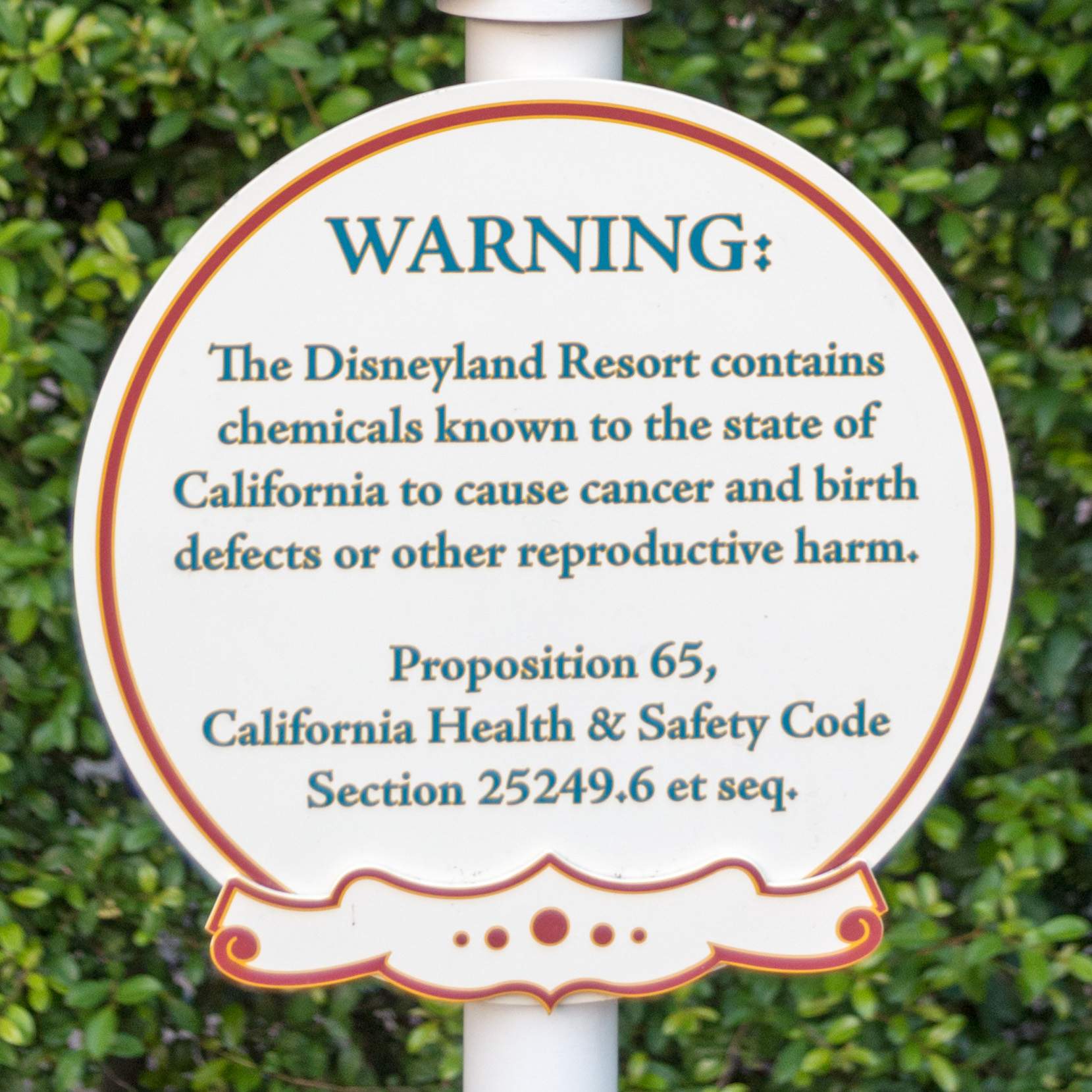  "WARNING: The Disneyland Resort contains chemicals known to the state of California to cause cancer."