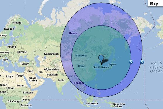 Map showing the strike range of north korea's missiles