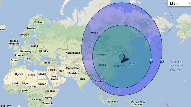 Map showing the strike range of north korea's missiles