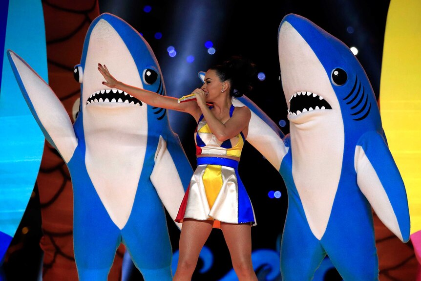 Katy Perry dances with sharks at 2015 Superbowl