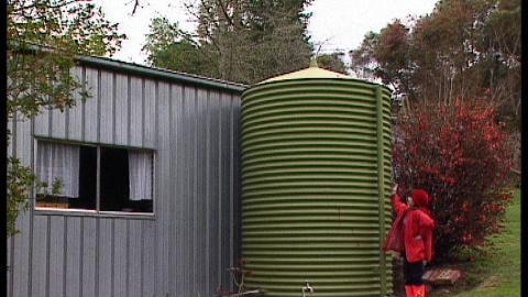 Child stands beside rainwater tank next to shed