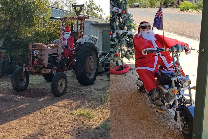 Santa riding a tractor and a motorcycle in Isisford, Queensland