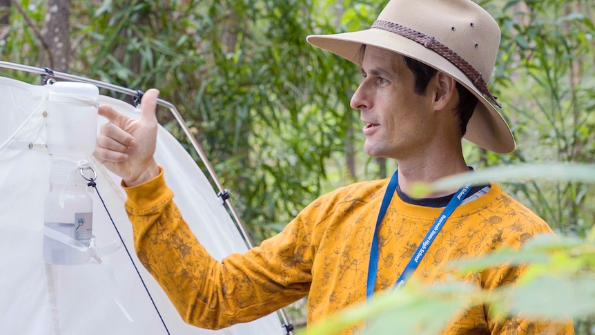 A man in a wide brimmed hat holds up an insect trap, looking at it. 