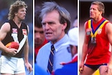 A split image with an AFL player wearing a Big V, a coach in shirt and tie and a player wearing red, yellow and blue. 