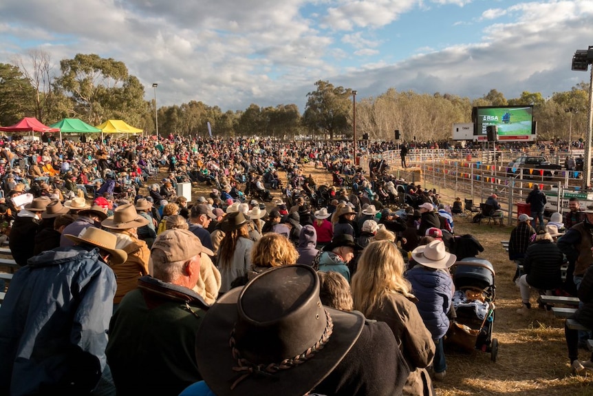 Crowds of people, many with cowboy hats, look on at an arena