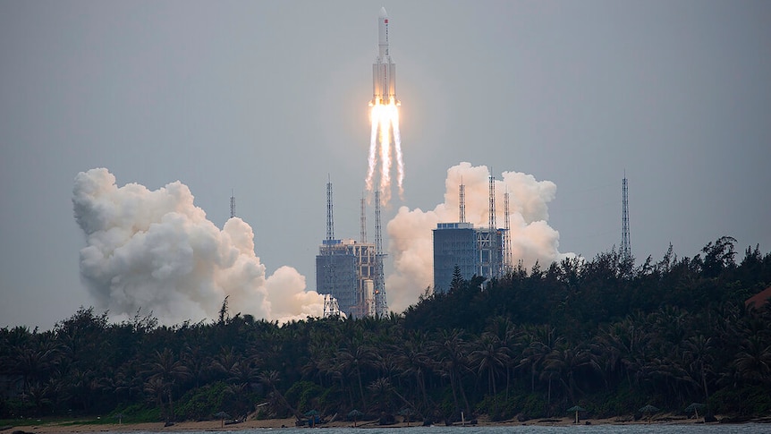 A Long March 5B rocket carrying a module for a Chinese space station lifts off from the Wenchang Spacecraft Launch Site.