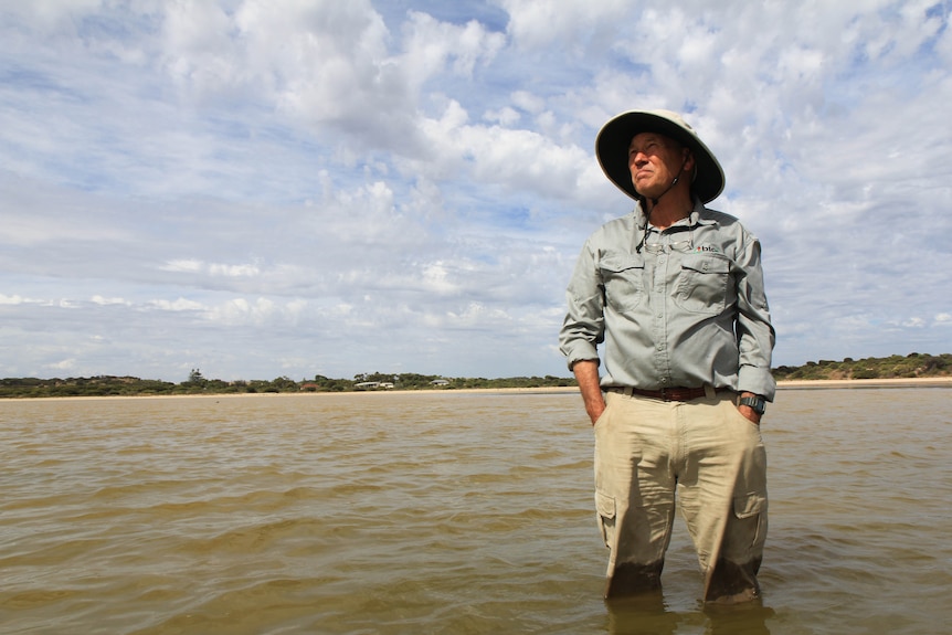 David Paton stands in the coorong river