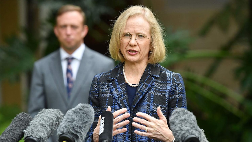 Dr Jeannette Young speaks at a press conference at Parliament House in Brisbane.