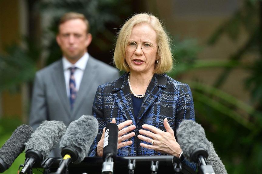 Dr Jeannette Young speaks at a press conference at Parliament House in Brisbane.