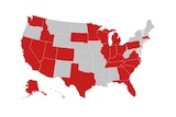 A map of the US with some states in red to show where the National Guard is