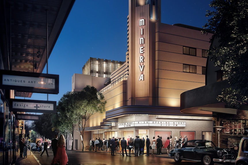 An art deco theatre building with the word 'Metro' as people mingle outside