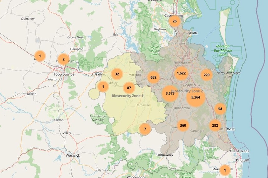 A map of where fire ants have been located. 