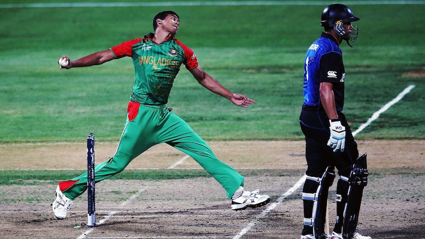 Bangladesh' Taskin Ahmed bowls against New Zealand at 2015 ICC Cricket World Cup.