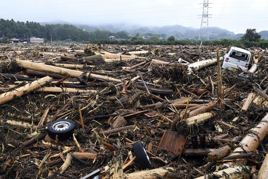 Debris is strewn across a wide area hit by floods.