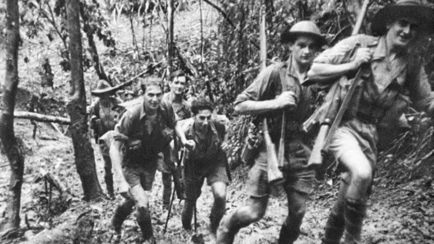 Arnold Forrester (second from left) on the Kokoda Track in WWII