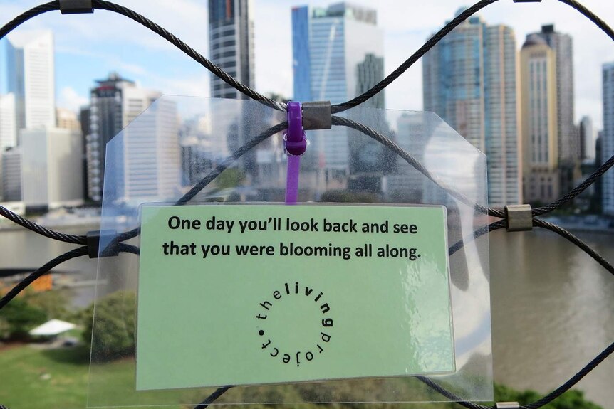 Laminated sign 'One day you'll look back and see that you were blooming all along' zip-tied on a bridge.