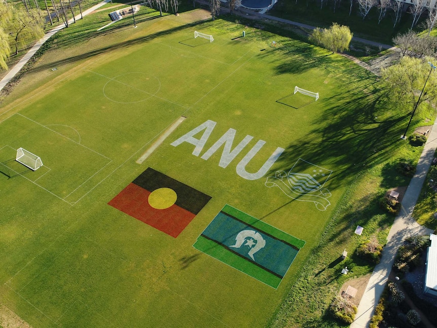 The Aboriginal flag and Torres Strait Islander flag on a soccer field alongside the ANU logo.