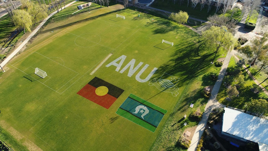 The Aboriginal flag and Torres Strait Islander flag on a soccer field alongside the ANU logo.