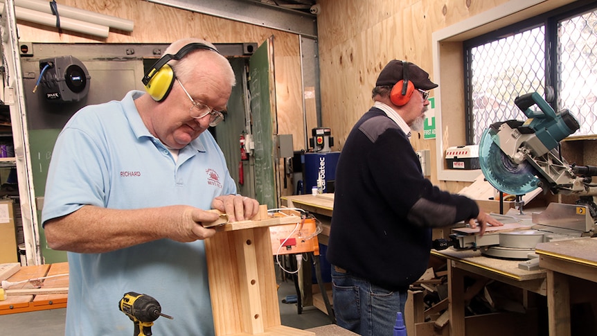 Richard Bowerman  and Caspar Staak in the men's shed workshop