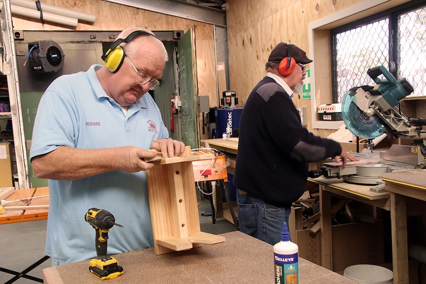 Richard Bowerman  and Caspar Staak in the men's shed workshop