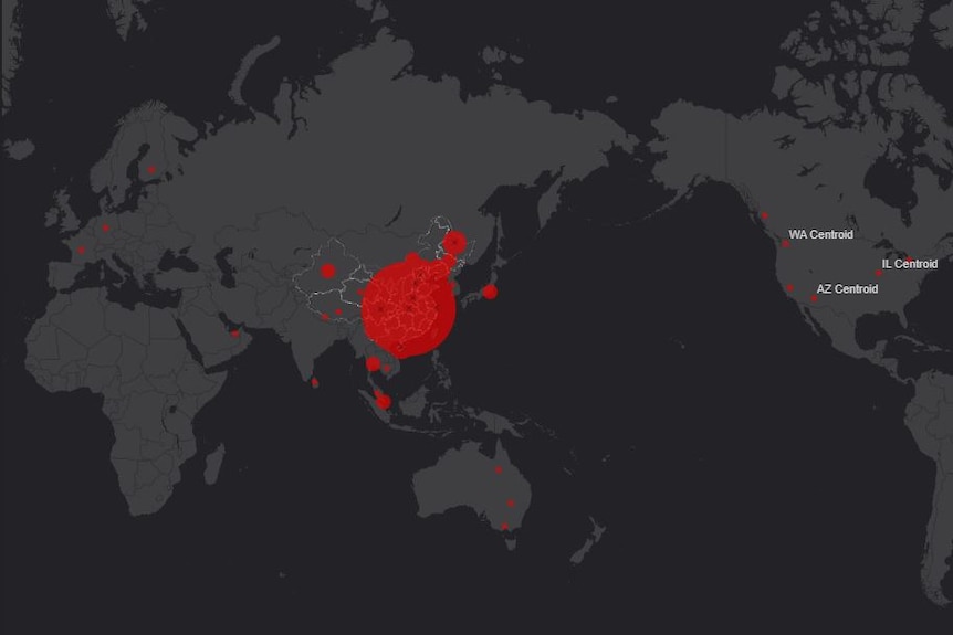 A black map of China, with various-sized red dots representing the number of coronavirus cases.