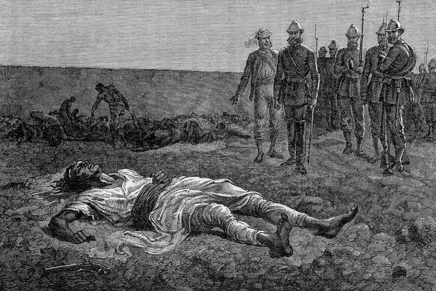 Black and white ngraving of the body of Ethiopia's Emperor Tewodros II. A gun rests by his side.