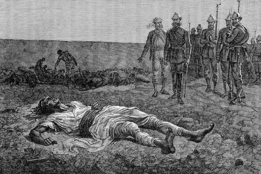 Black and white ngraving of the body of Ethiopia's Emperor Tewodros II. A gun rests by his side.