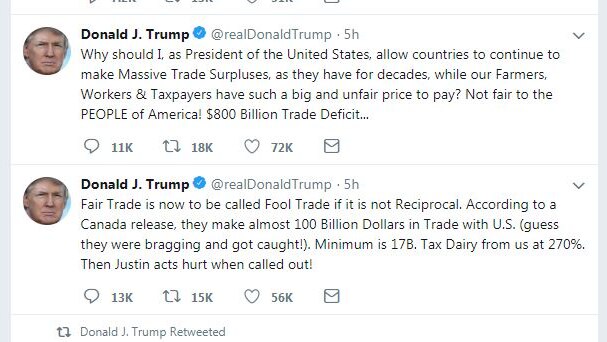 Tweets by US President Donald Trump complaining about his country's trade deficit after leaving the G7 meeting