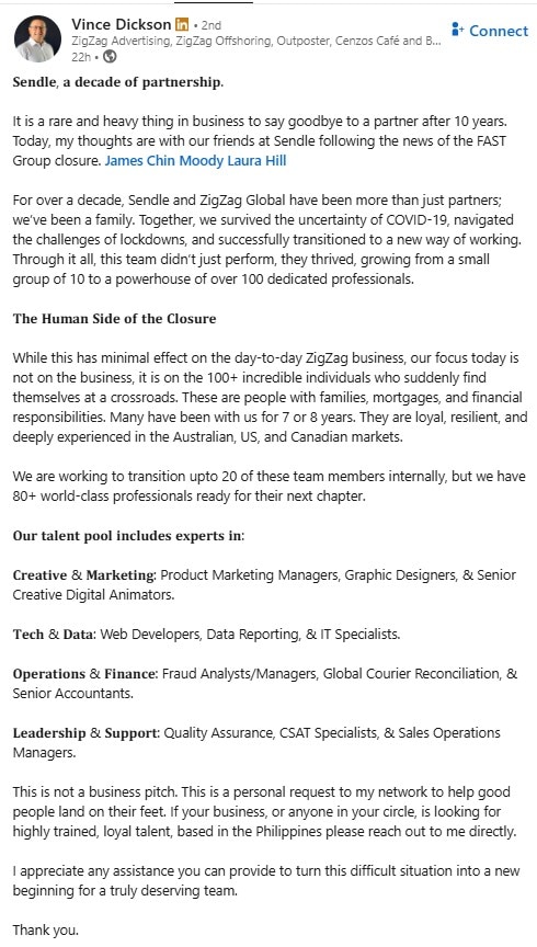Una publicación de despedida en LinkedIn de Vince Dickson "Sendle, una década de colaboración."