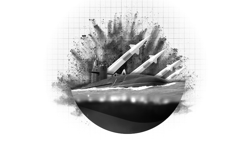 Black and white collage of submarine in water, missiles and explosion in background.