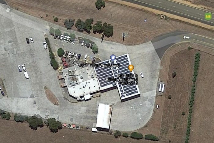 An aerial image of the Ballan McDonald's and Mobil petrol station on the Western Freeway.