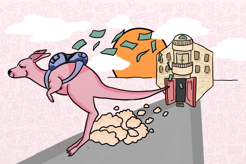 An illustration of a kangaroo hopping away from a building with a backpack and notes floating away.