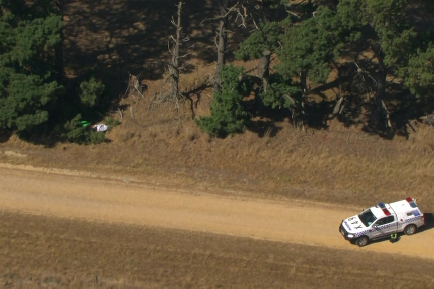 Police car on dirt road and hint of bin and cloth to side of road