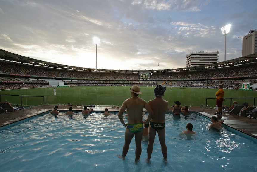 Cricket fans in the Gabba pool during the first Test