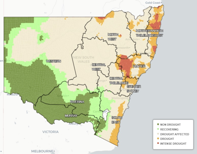 A graphic map of NSW with patches of different colours indicating parts of the east coast are still in drought.