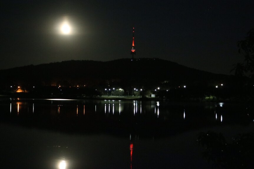 Night scene full moon over Lake Burley Griffin