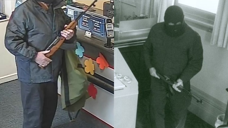 Two cctv photos of a man holding a gun inside banks.