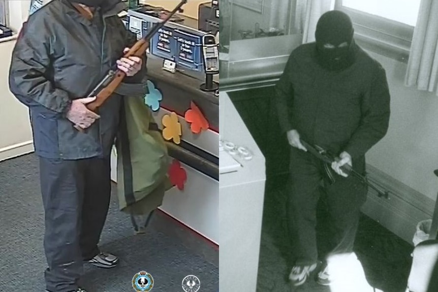 Two cctv photos of a man holding a gun inside banks.