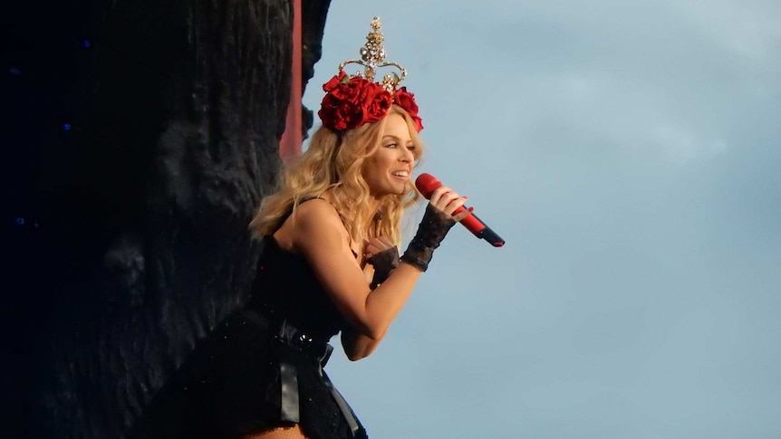 Kylie Minogue performing on stage in Hyde Park, London